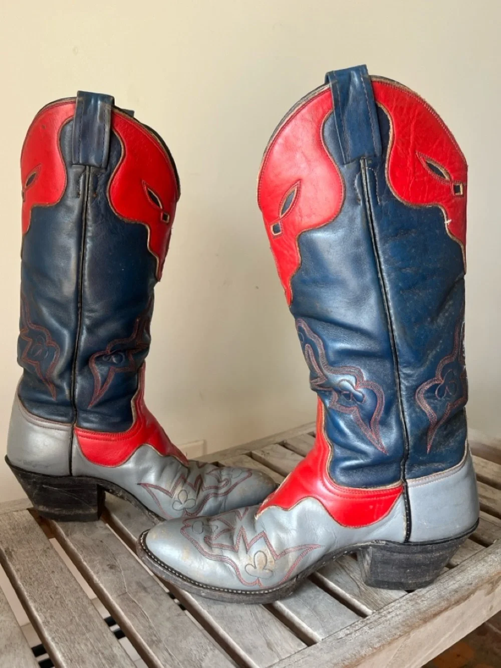 Vintage Laramie Handmade Western Boots Tri Color Red Blue Gray Leather Size 7 - Picture 5 of 17